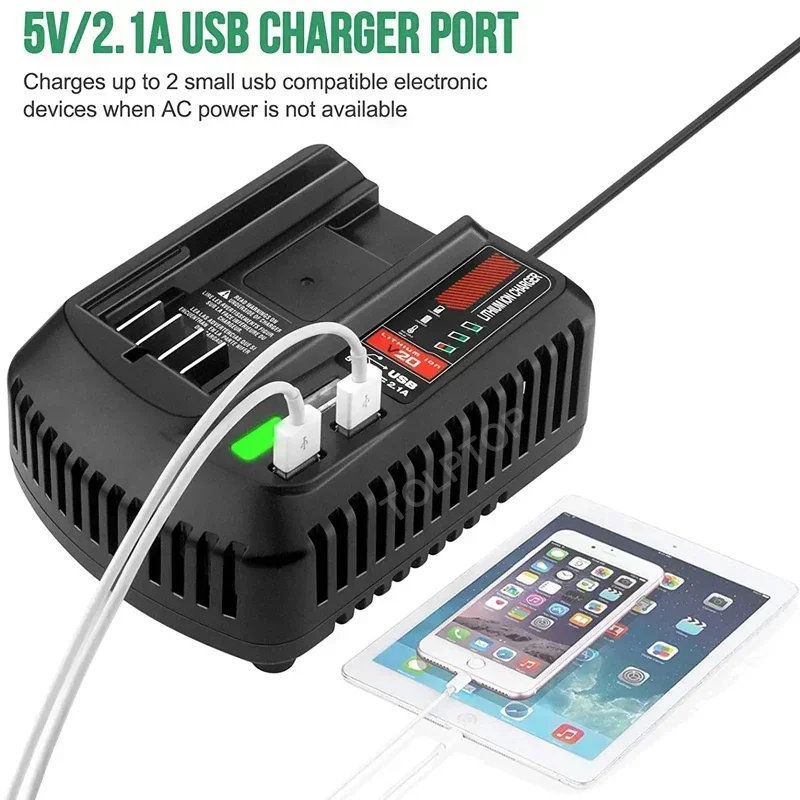 Lithium Battery Charger for Craftsman 20V 2A Li-ion Power Tool Replacement CMCB102 CMCB202 With Dual USB 5V 2.1A