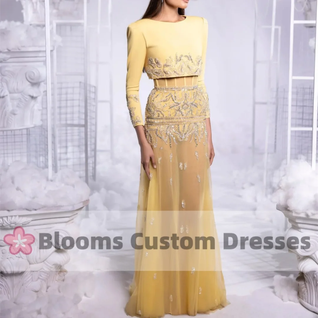 Blooms Customized Glitter Sequins Beadings Luxury Evening Dresses Sexy See Through Formal Gown Long Sleeves 2 Piece Prom Dress