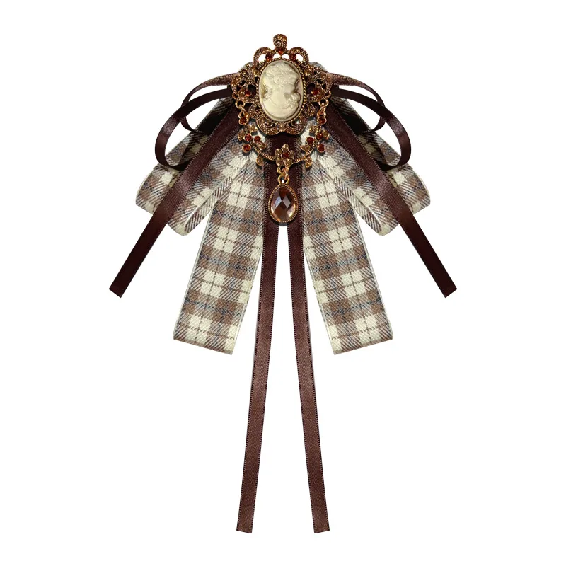 Retro Stoff Schleife Brosche Kristall Schönheit Kopf College Britischen Stil Hemd Kragen Pin Schleife Anstecknadeln für Frauen Zubehör – Detail 5