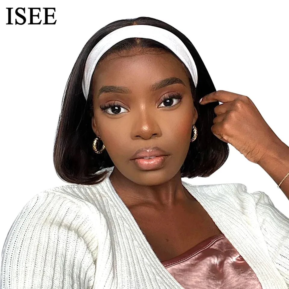 ISEE HAIR Wig Straight Women's Headband Wig Human Hair Brazilian Bob Wig Straight Non Lace Scarf Wig Glueless Natural For Female