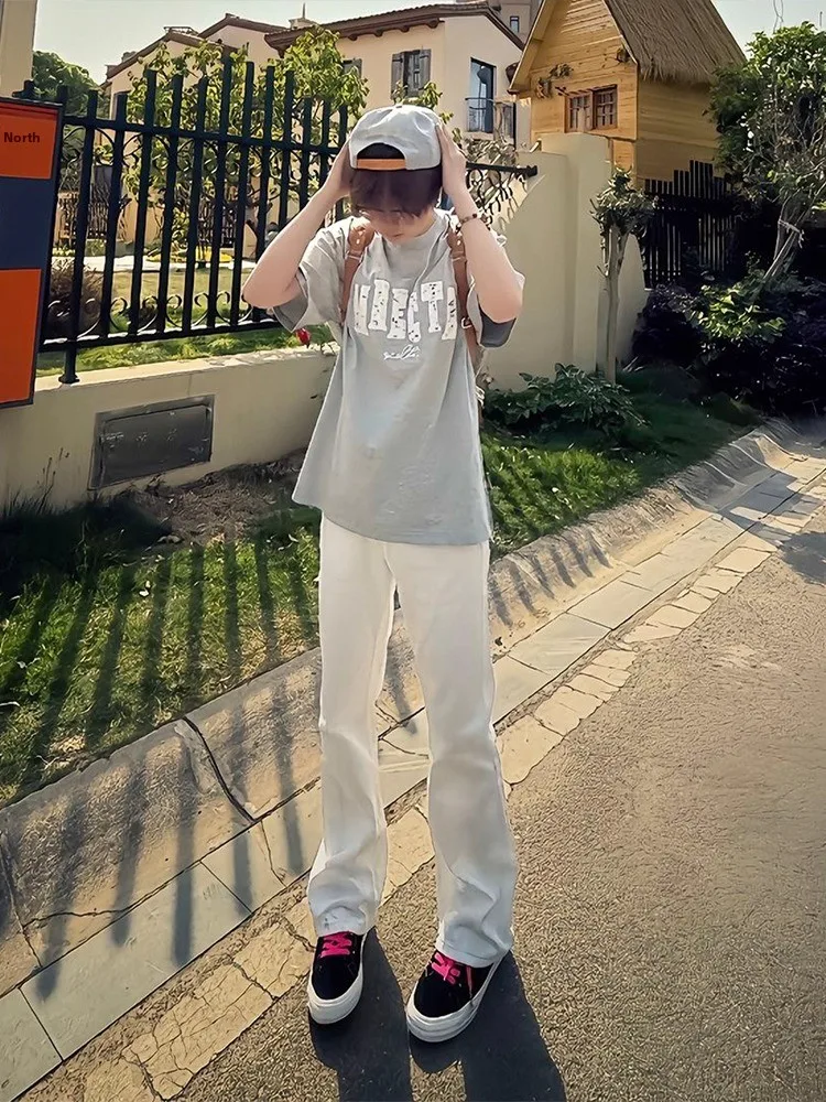 

White Flared Jeans Men's Summer American Vibe High Street Straight Fit Narrow Version Knife Pants Breathable Loose Fit