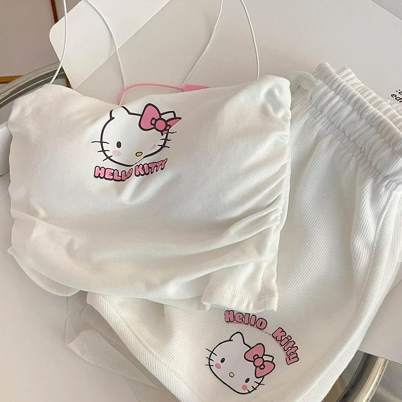 Sanrio Kawaii Hello Kitty Cute Cartoon Suspenders Set Women Summer New Girls Students Sweet Drawstring Shorts Homewear Outside