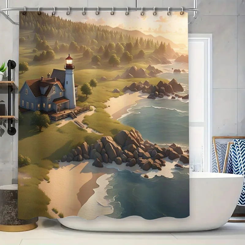 

Modern Printed Shower Curtain Waterproof Bath Decoration Home Decor Nature Beach Style with Lighthouse and Ocean Waves Pattern B