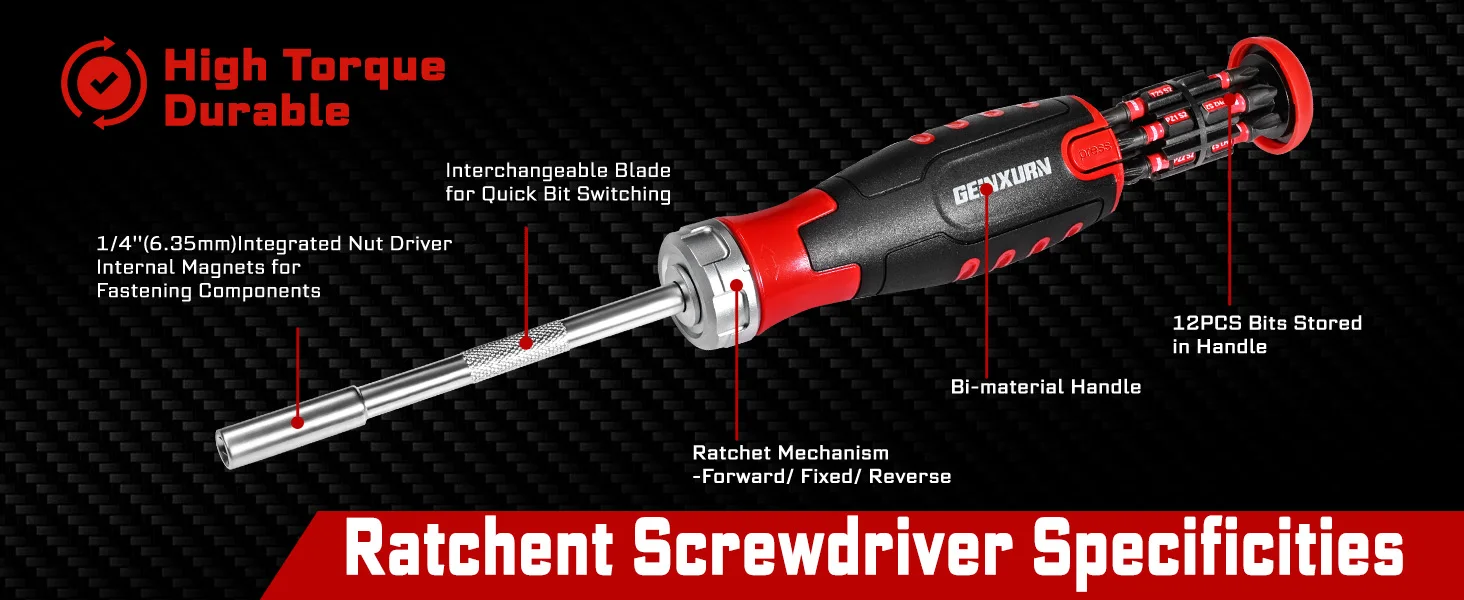 Geinxurn Ratschenschraubendreher mit Aufbewahrung, Multi-Bit, magnetisch, 1/4 Zoll Sechskantschaft, Schraubendrehergriff für Schraubendreher-Reparaturwerkzeug – Detail 7