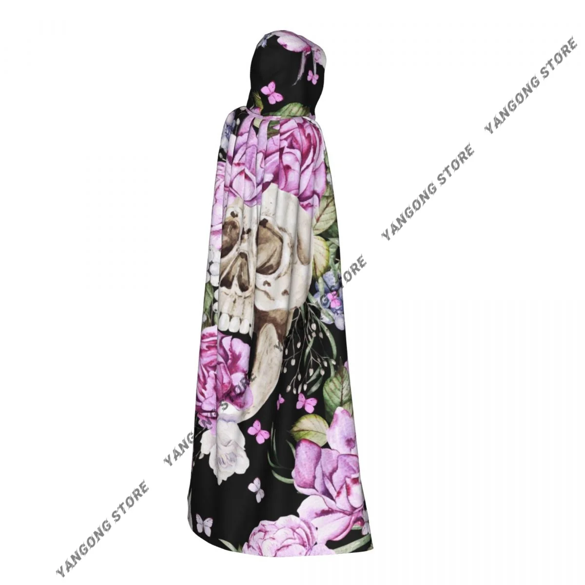 

Adult Halloween Skull And Peony Roses Cloak Cape Hooded Medieval Costume Full Length Dress Coat