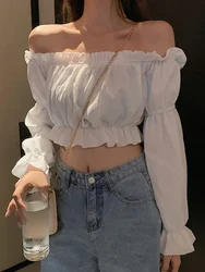 Women Top Sexy Blouse Off Shoulder Top Long Sleeve Solid Color White Shirt Puff Sleeve Ruffle Tunic Crop Top Summer Tube