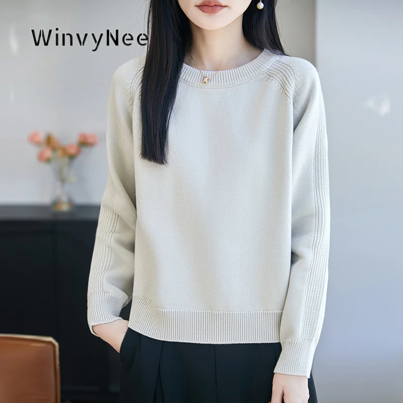 WinvyNee Women Rib Cuff Knit Jumper 100% Cotton Round Neck Raglan Long Sleeve Pullover Autumn Winter Elegant Basic Top ZA1892025