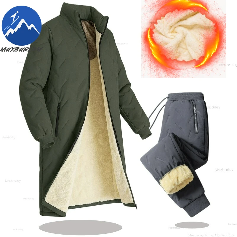

Maxbarley Winter Warm Suit Set Men Casual Long Fleece Quilted Jacket + Sports Trousers 2 Piece Sets Outdoor Skiing Tracksuits