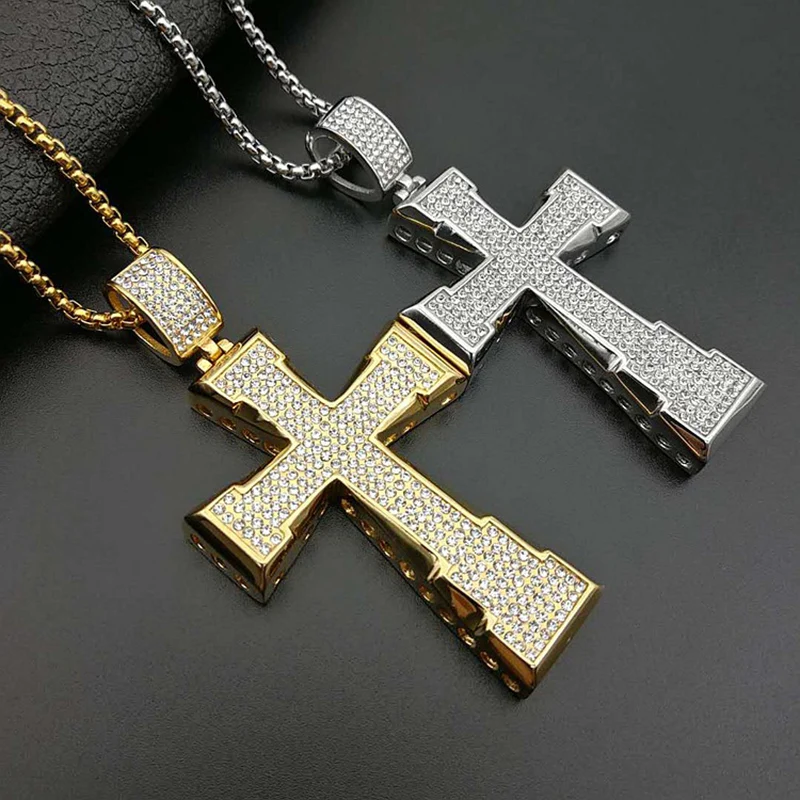 

Hip Hop Rhinestones Paved Bling Iced Out Gold Color Stainless Steel Big Cross Pendants Necklace for Men Rapper Jewelry Gift