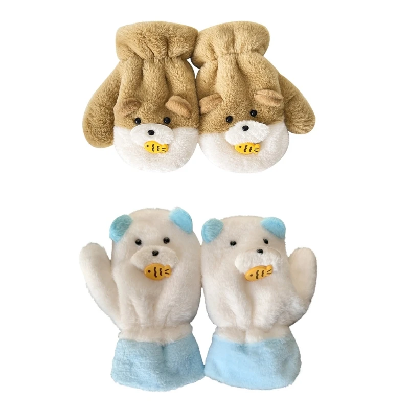 Anime Bear Plush Gloves Winter Warm Gloves for Kids Teens Hand Warmer Furry Mittens Coldproof Windproof Cycling Handwear