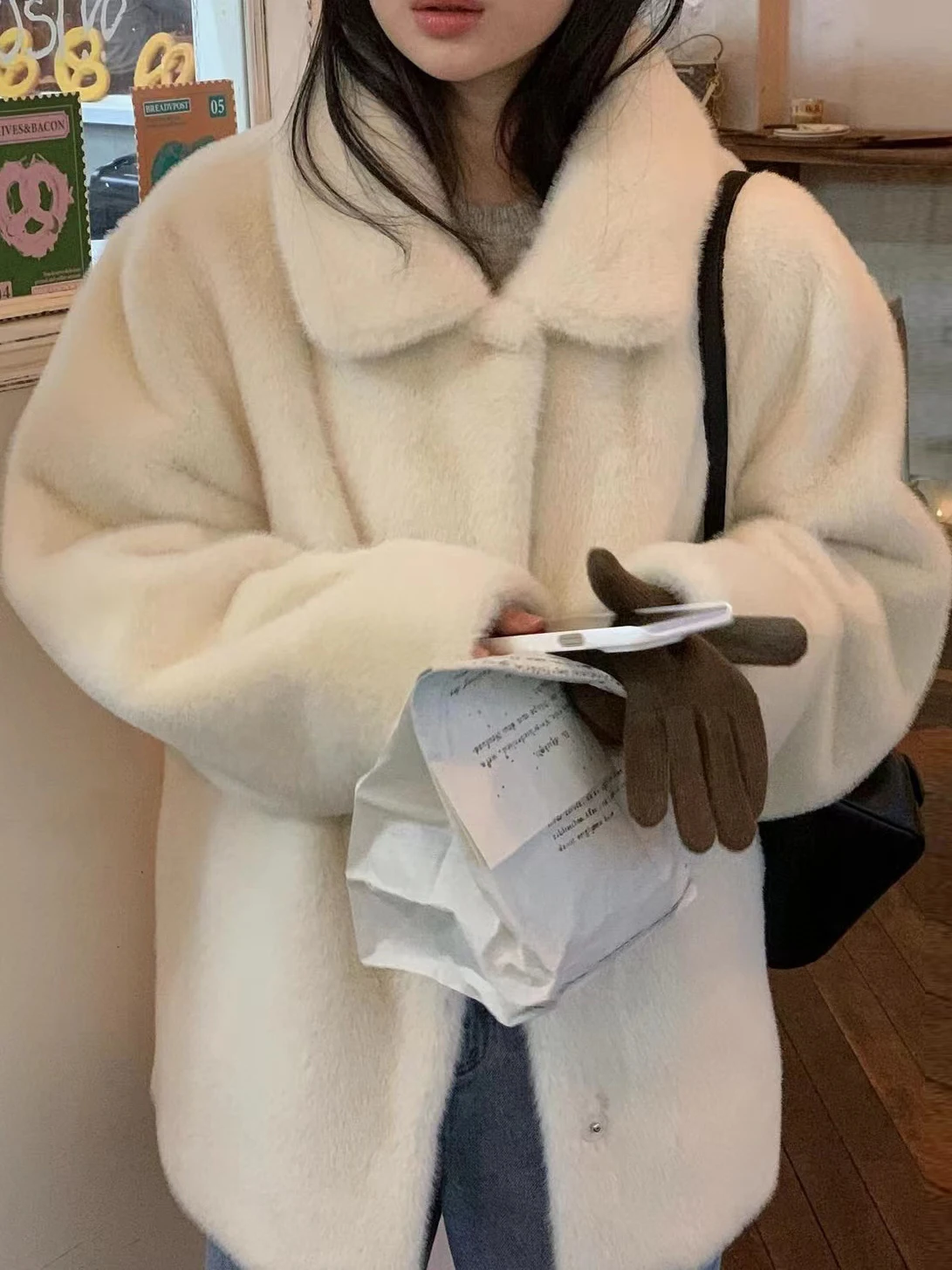 Korean Style Cute Furry Jacket Women's Winter New Flip Collar Single Button Coat Commute Straight Tube Long Sleeve Pure Color
