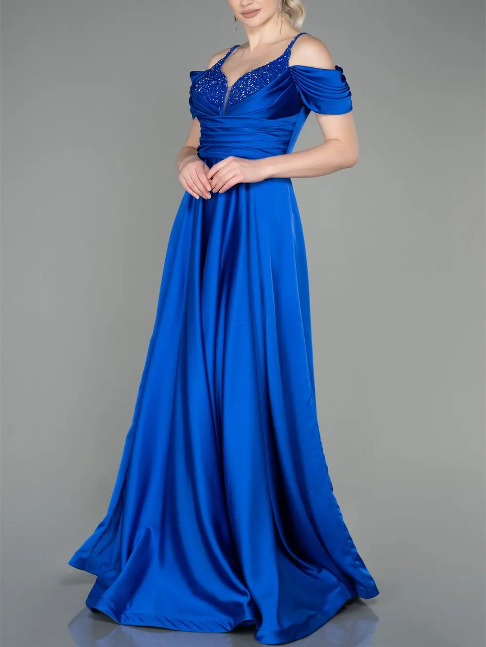 Royal Blue Satin Pleated Evening Sequins Lace Italian Straps Beaded Women's 2023 Elegant Formal Occasion Dresses Party Dresses