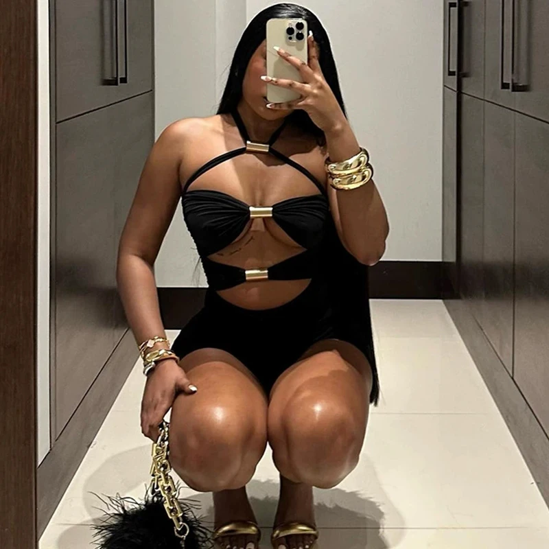 

Y2K Summer American Street Trend Harajuku Sexy Spice Girl Solid Color Design Splicing Hollow Sleeveless Strapless Slim Jumpsuit