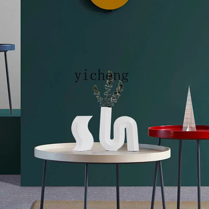 

ceramic vase ornament creative geometric curved white flower arrangement living room TV cabinet decoration