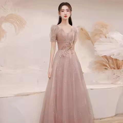 DongCMY Luxury Vestido Elegante Dama Evening Dress Female 2026 New V-neck Pink Birthday Party Dresses Customized