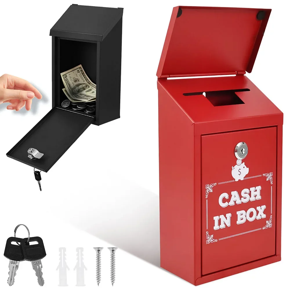Lockable Cash Box Metal Wall Mounted Donation Box with Two Deposit Slot Waterproof Lockable Suggestion Box for Home and Office