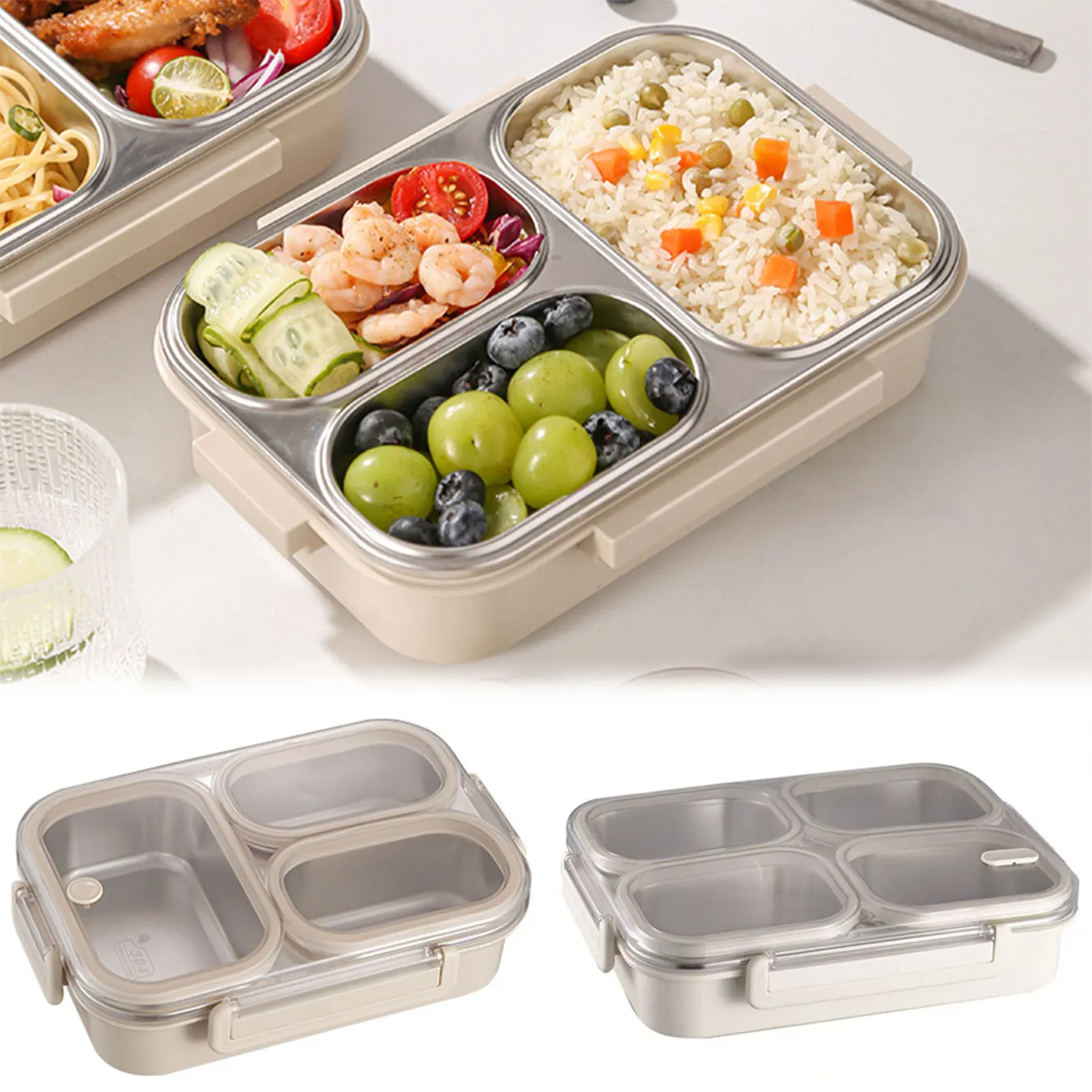 Schülern aus Edelstahl Lunchbox mit 3 Fächern Leckfest Bento Box mit Suppenbecher -Gewürzbecher für Schulbüroreisen
