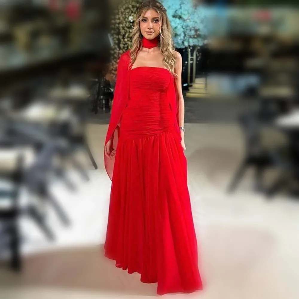 Red Evening Formal Dress Strapless Sleeveless Chffon Saudi Arabia Prom Party Gowns Vestidos Fiesta Robe De Soirée