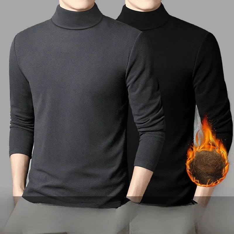 قميص رجالي بأكمام طويلة مبطن بالصوف الدافئ، قميص ضيق للعمل بياقة نصف عالية، طبقة أساسية للخريف والشتاء #1