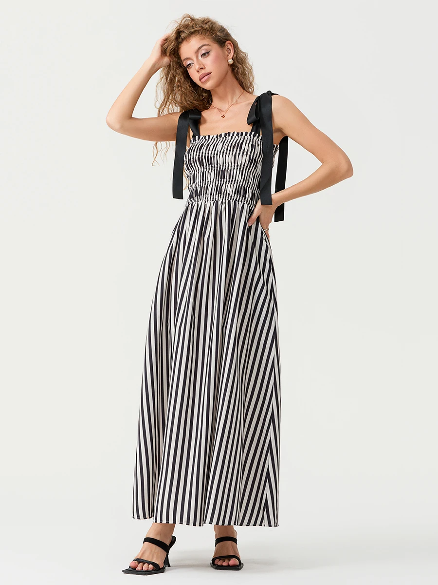 Women's Stripe Print Cami Dress Tie Spaghetti Strap Shirred Detail Backless Long Flowy Dress with Pockets