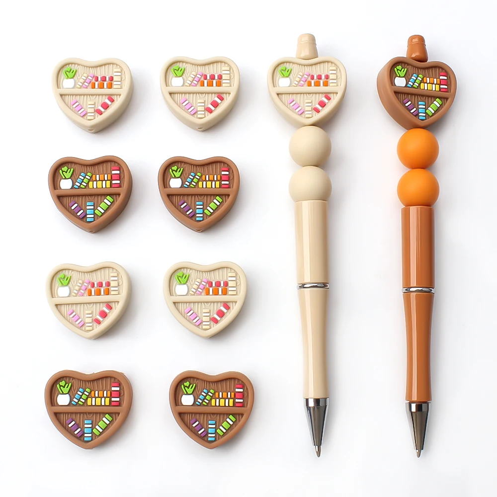 5/10/20Pcs Cute Book Theme Silicone Beads Bookshelf Love Heart Focal Beads for Jewelry Making Pen Beaded DIY Keychain Accessory