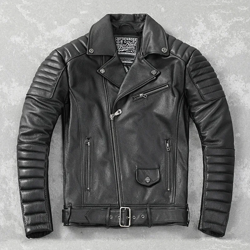 Motorcycle Biker Clothing Genuine Cowhide Leather Men Skin Jacket Men's Motor Riding Clothes Turn Down Collar Coat Slim