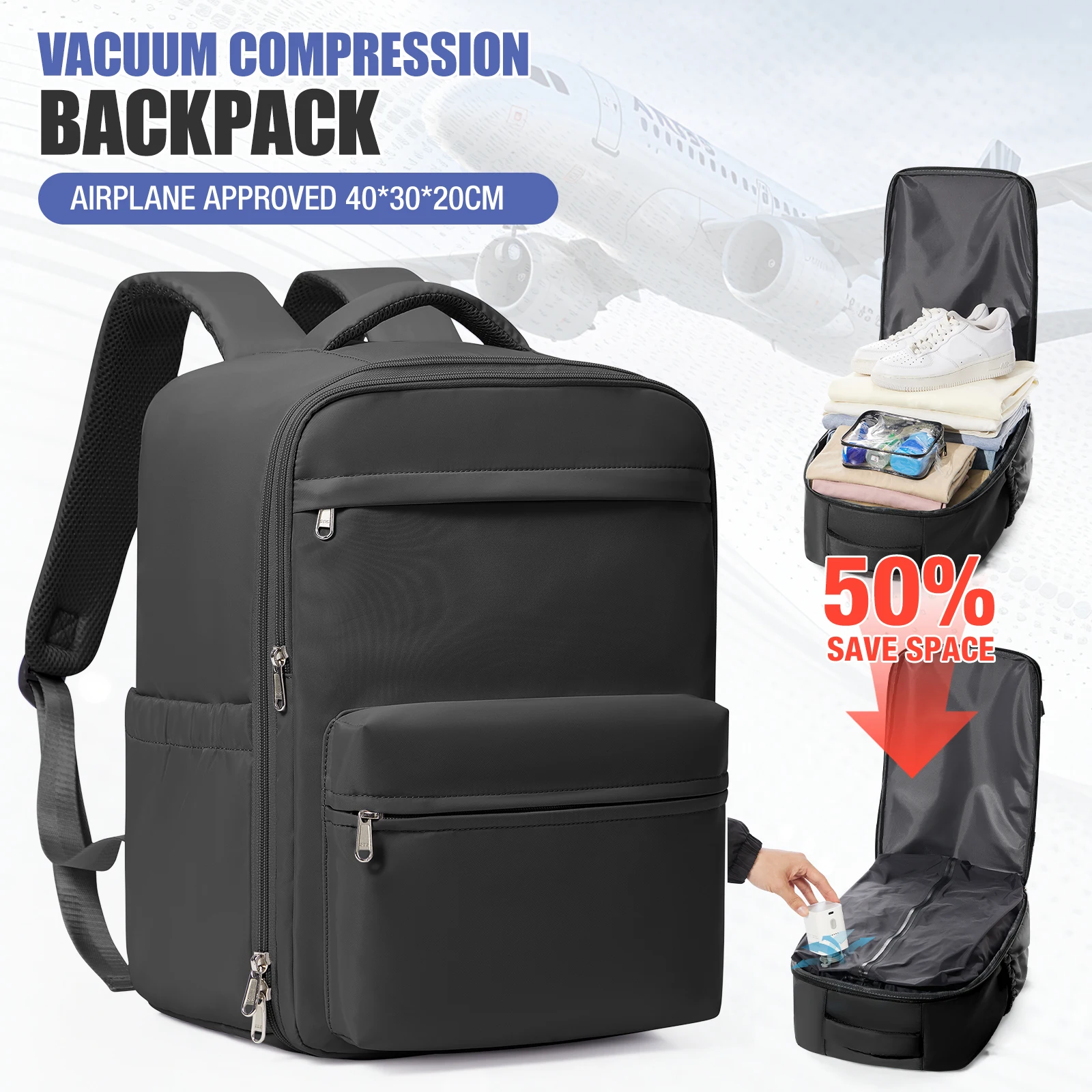 Men Vacuum Compression Backpack 15.6in Laptop Backpack Expand Hiking Vacuum Travel Backpack, Ryanair Backpack 40x20x25 Cabin Bag