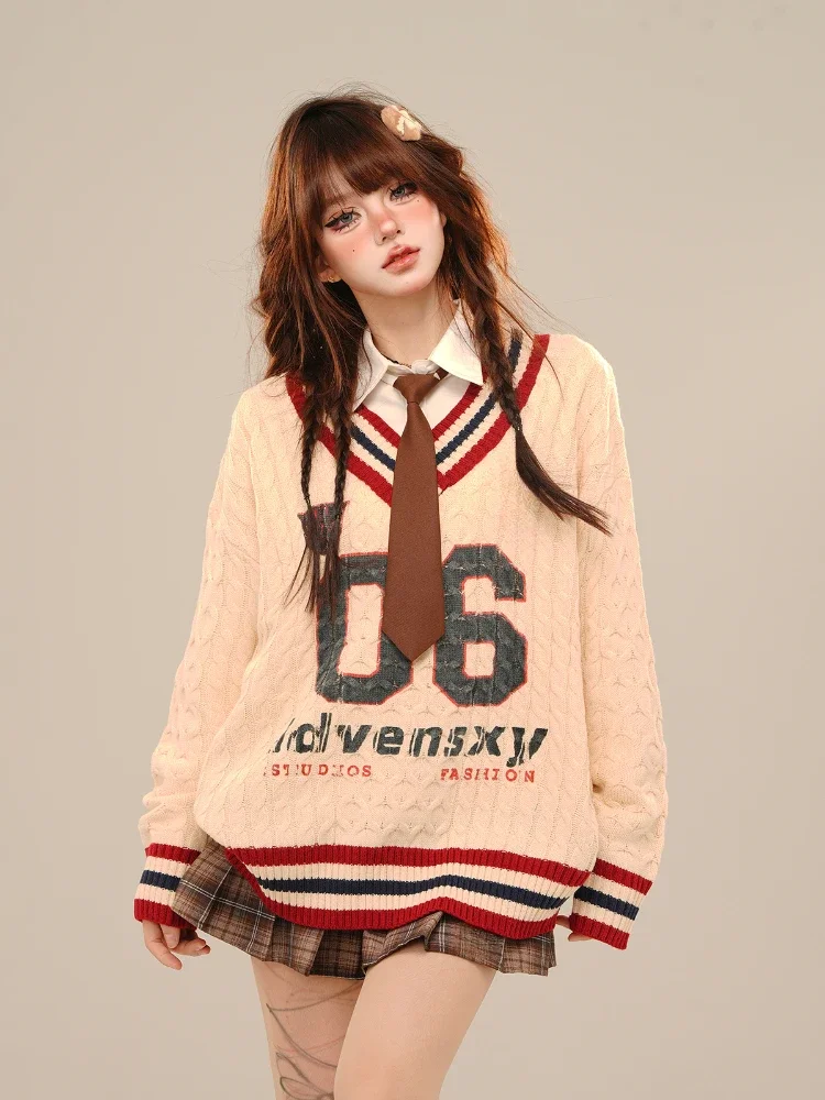 ADAgirl Vintage Letter Print Oversize Sweater Women Long Sleeve V-neck Knitted Pullovers Preppy Style Casual Loose Winter Tops