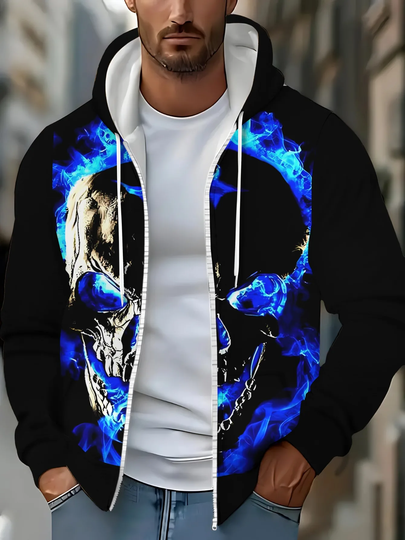Zipper hoodie for menPolyester Hoodie with Blue Flame Skull Design for Outdoor Activities, Lightweight and Durable, Perfect for