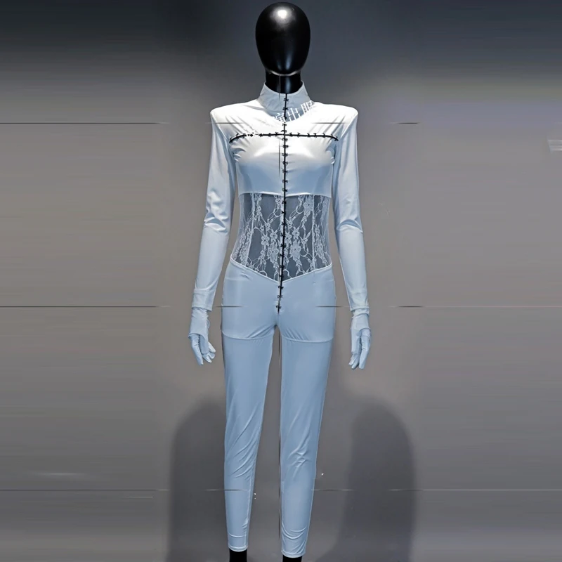 

New Singer Party Jazz Dancer Costume Women White Leather Jumpsuit Bar Nightclub DJ Pole Dance Clothing Stage Gogo Wear XS9722