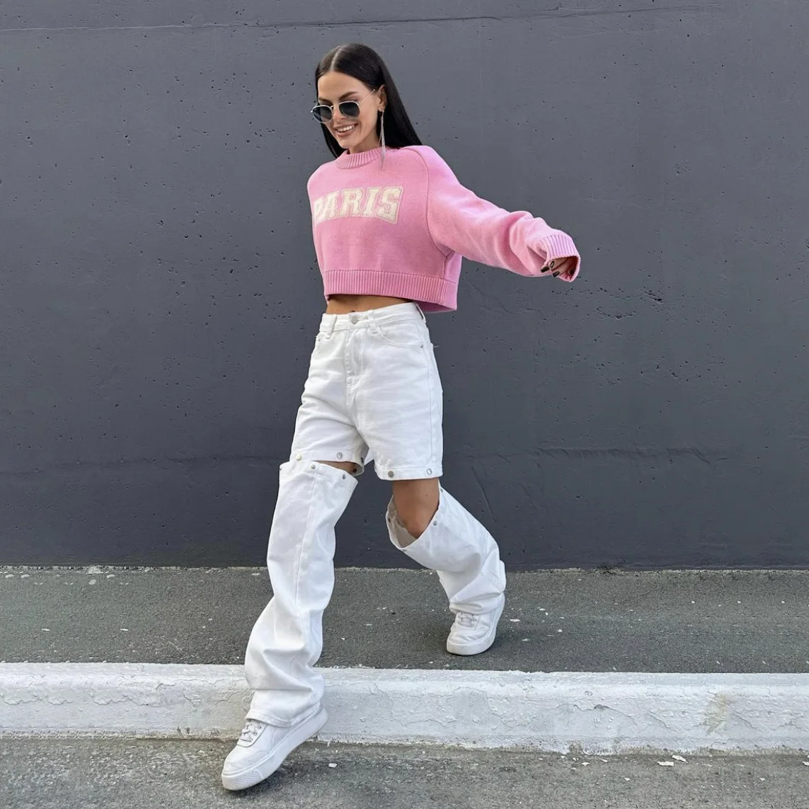 

Casual jeans women's European American autumn and winter new ins style fashion loose and thin removable straight wide-leg pants
