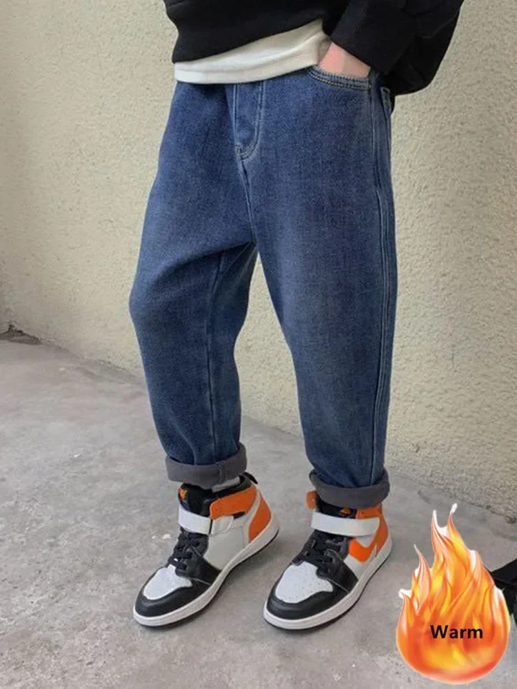 Pantalones vaqueros forrados de terciopelo para niños, Pantalones elásticos de cintura alta, Vaqueros cálidos para niños, Pantalones vaqueros Vintage de felpa gruesa para niños, Calca