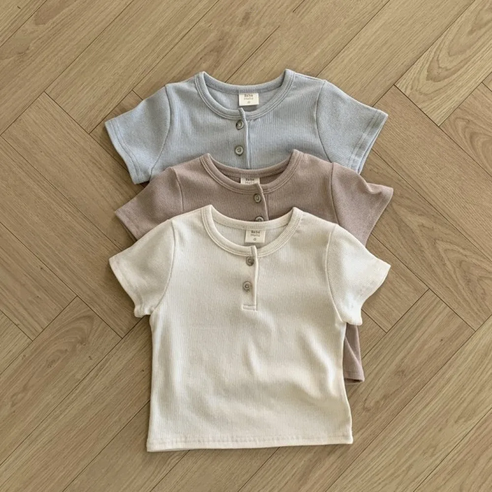 2025 Summer New Baby Short Sleeve Cotton T Shirts Infant Boy Girl Solid Casual Tees Toddler Loose Versatile Breathable Tops