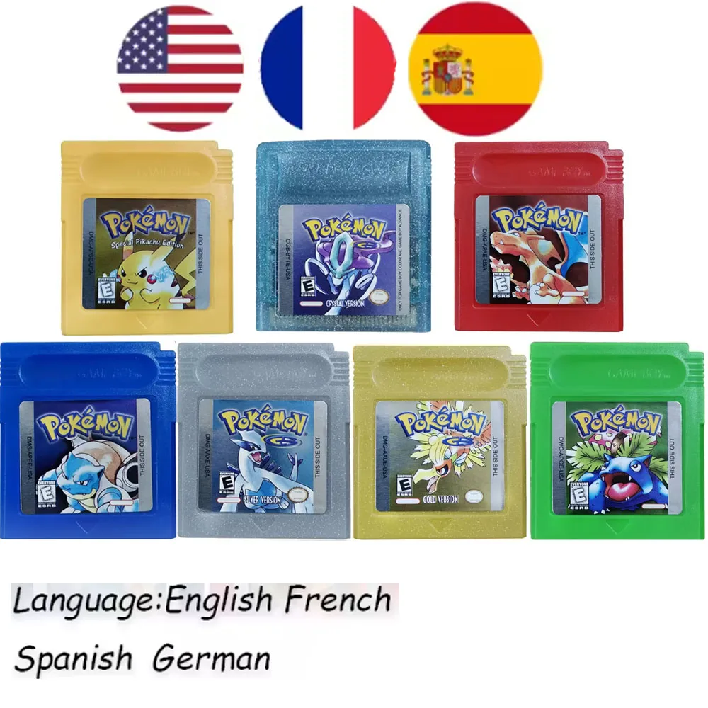 NUEVO Paquete de Cartuchos de Pokémon USA ESP FRA GBC Rojo/Azul/Cristal/Dorado/Plateado/Amarillo/Verde, Tarjeta Multilingüe, Tarjeta de Juego Pokémon