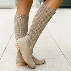 Women Knee High Boots Sexy Suede Winter Designer Luxury Casual Zipper Low Heel Female Shoes Comfortable Elegant Lady Boots 2024