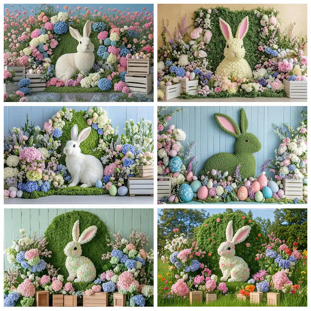 

Spring Easter Interior Flowers Rabbit Backdrop Photography Baby Shower Easter Day Home Decor Kids Portrait Photoshoot Background