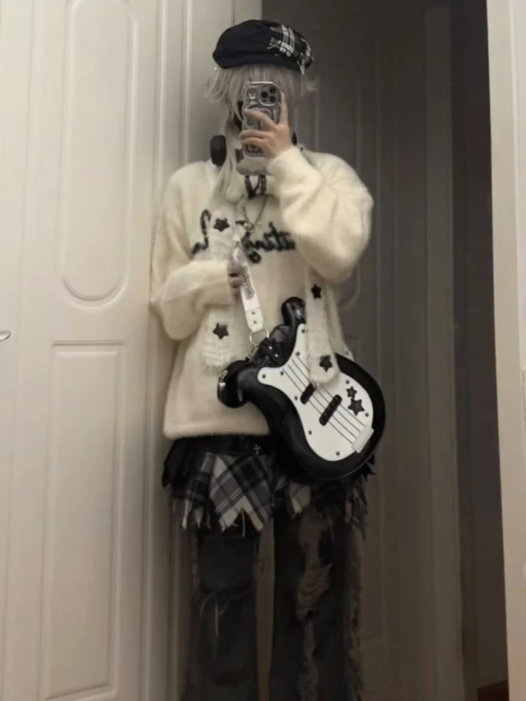 الأمريكية خمر الحلو حار سترة متماسكة لون نقي طويلة الأكمام ثقافة فرعية إلكتروني نمط موضة بلوزة كاجوال امرأة الخريف