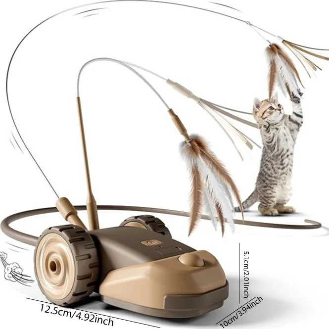 Dual-Speed Interactive Cat Toy Car, Auto Moving Feather Wand with Replaceable Heads for Indoor Cats Self-Play gallery 1