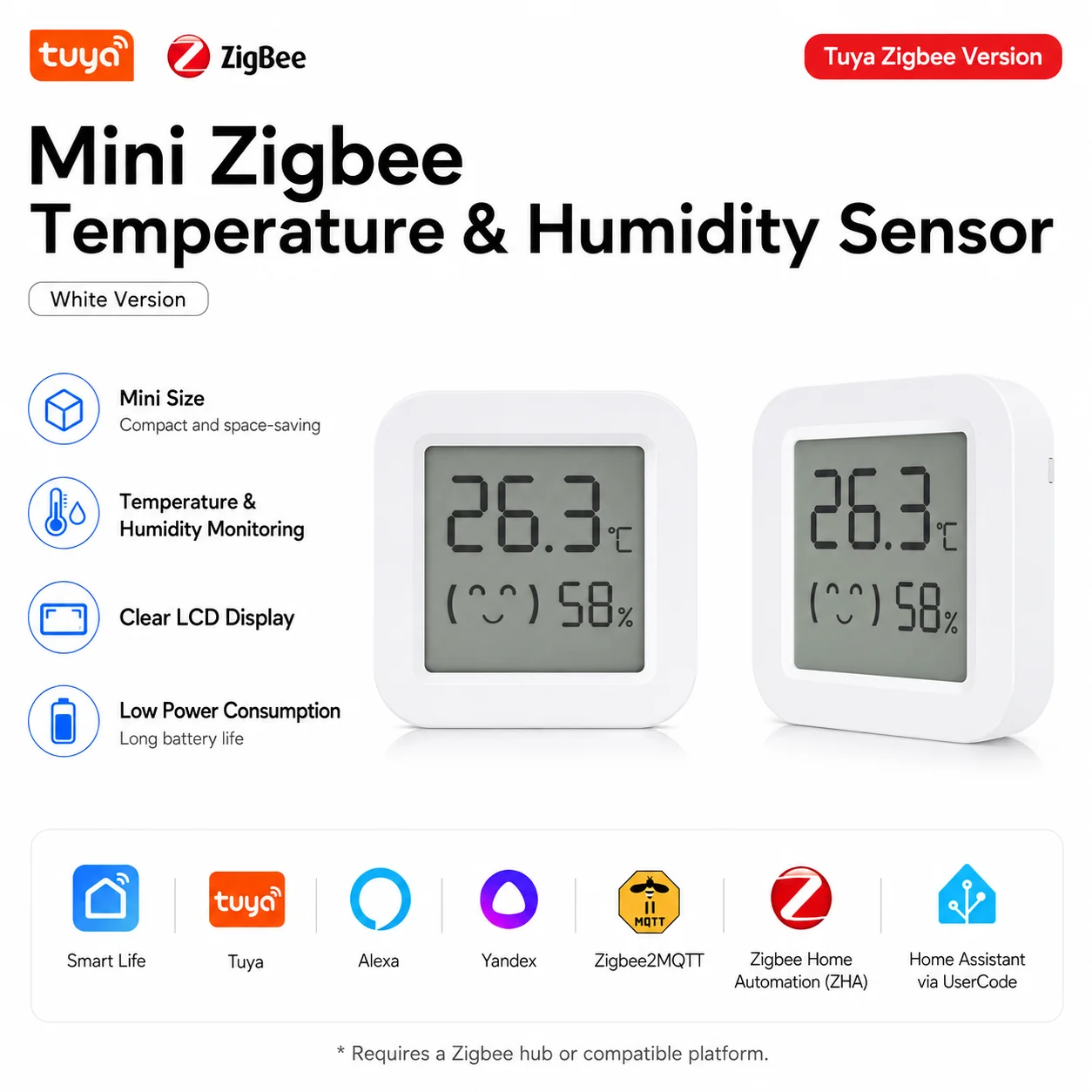 Tuya Zigbee Smart Home Temperature and Humidity Sensor/Meter with Mini LCD Screen – Supports Yandex, Smart Life, and Alexa
