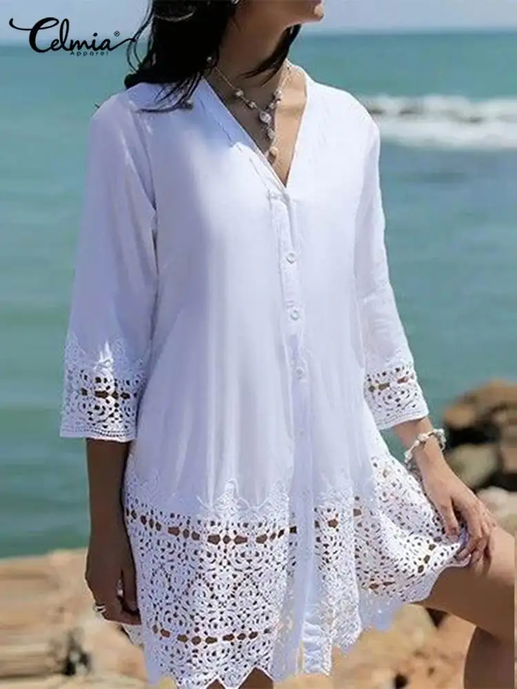 Celmia Women Hollow Out Lace Mini Dress Solid Summer Beach Blouse Short Vestidos Elegant Leisure V-neck 3/4 Sleeve Holiday Robe