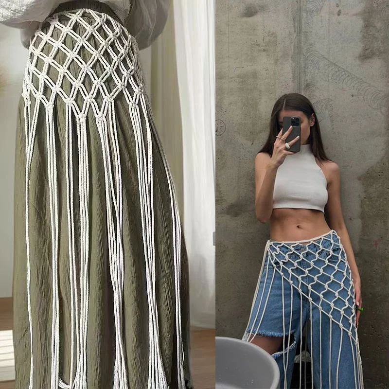 Boho Netted Fringe Belt for Women Handmade Crochet Cover Up Skirt Festival Street Style Waistband for Jeans Suit Waist Accessory