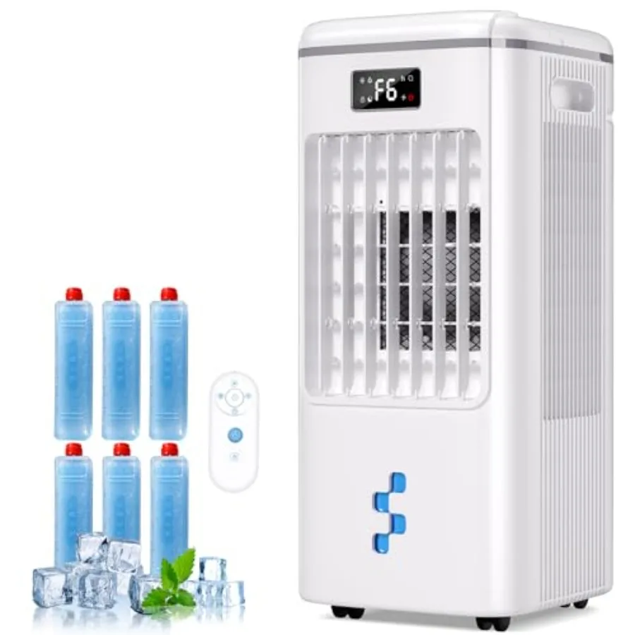 

Portable evaporative air cooler fan for indoor use, plastic housing, white, no-hose design with 3 modes, 3 speeds, 2-gal tank,