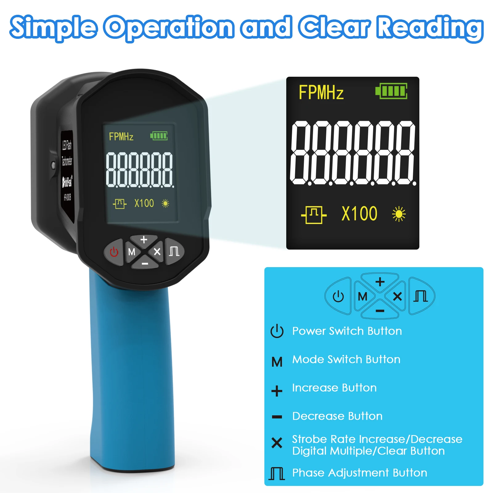 Digital Handheld Stroboscope 60-99999 FPM Non Contact Strobe Tachomete High Accuracy 0.001% Rechargeable LED Flash Tachometer