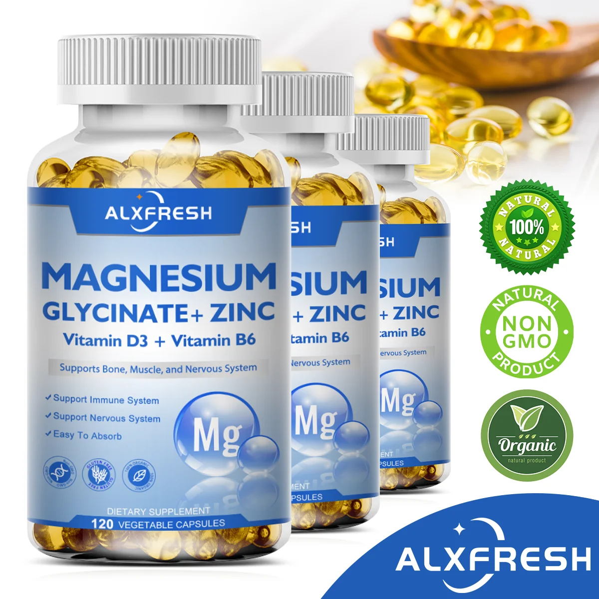 Magnesium Glycinate Supplement 500mg with Zinc,Vitamin D3 B6 High Absorption Support for Women & Men Non-GMO Veggie Capsules