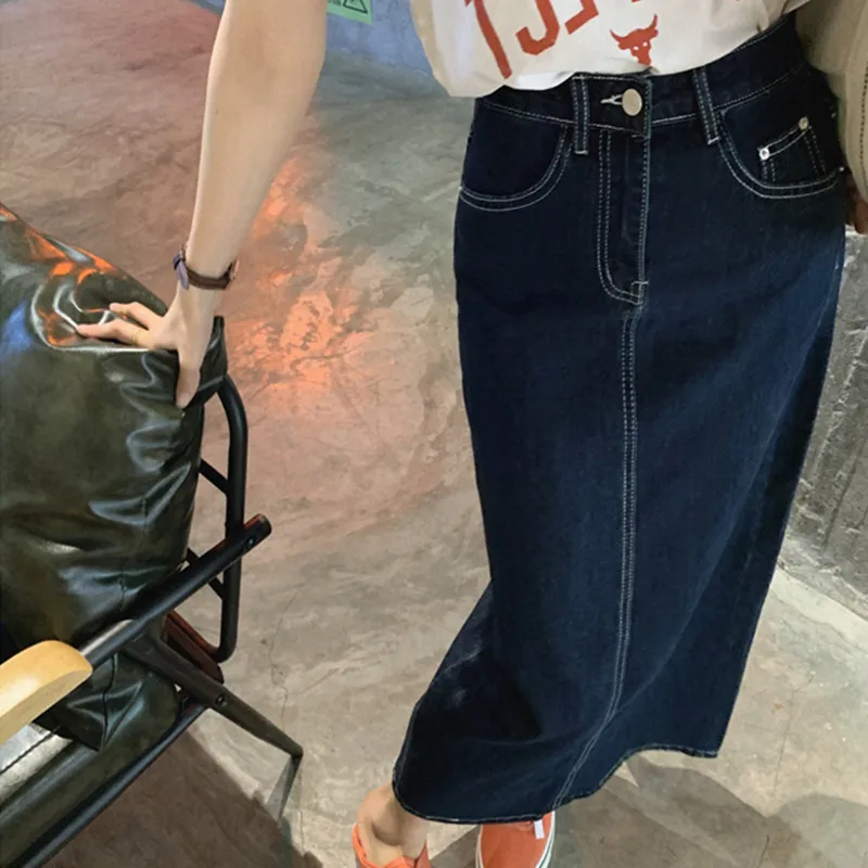 

High Waist A-Line Midi Denim Skirt for Women Spring Summer Cotton Blend Vintage Sle kets Casual Versatile f-length