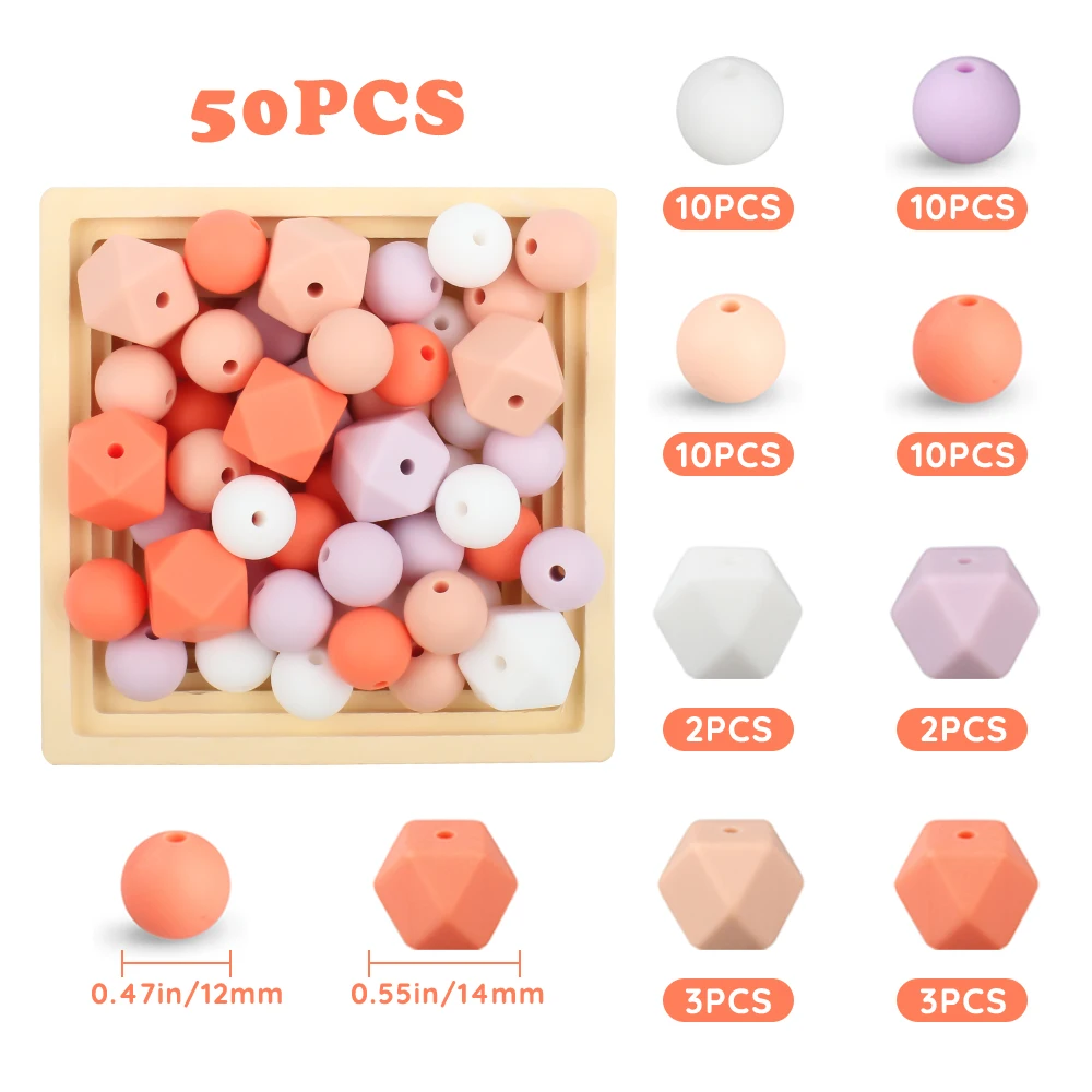 50pcs/lot Silicone Beads Set 12MM Baby Hexagon Round Teething Beads Teether Food Grade DIY Pacifier Chain keychain Accessories