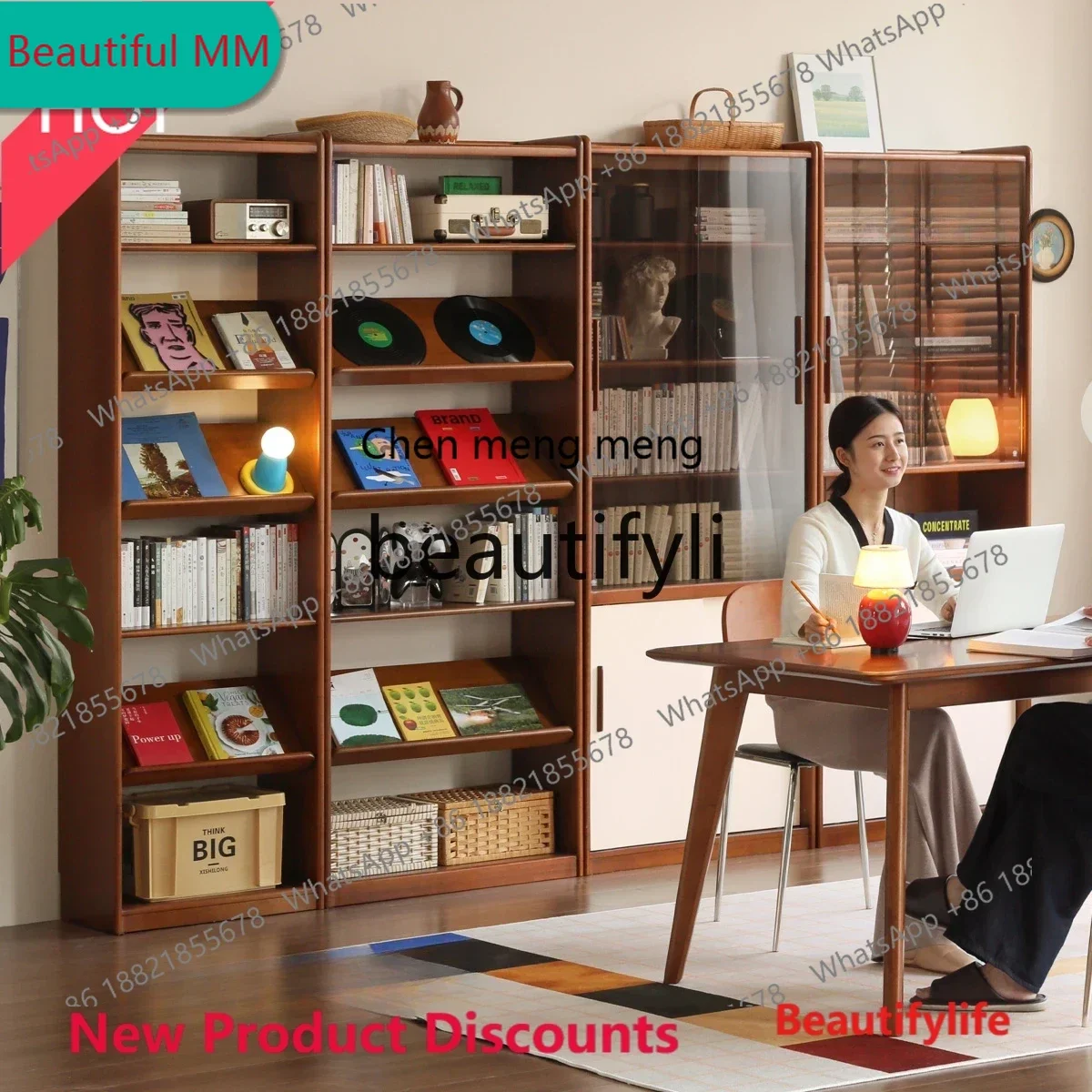 

zx1Solid wood bookcase Study antique locker Color matching glass combination display Floor-to-ceiling storage cabinet