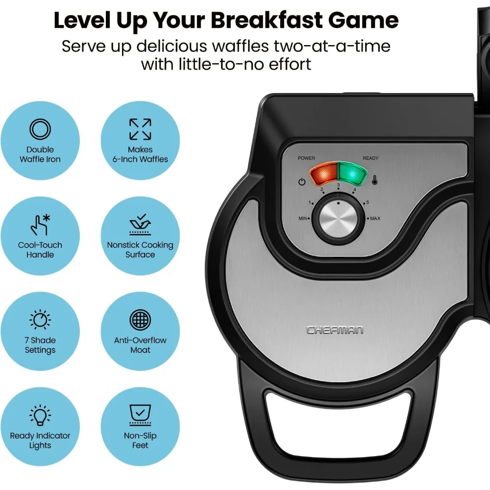 Double Waffle Maker, 2 at a Time 6-Inch Belgian Waffle Maker with Mess Free Moat and 7 Shade Settings