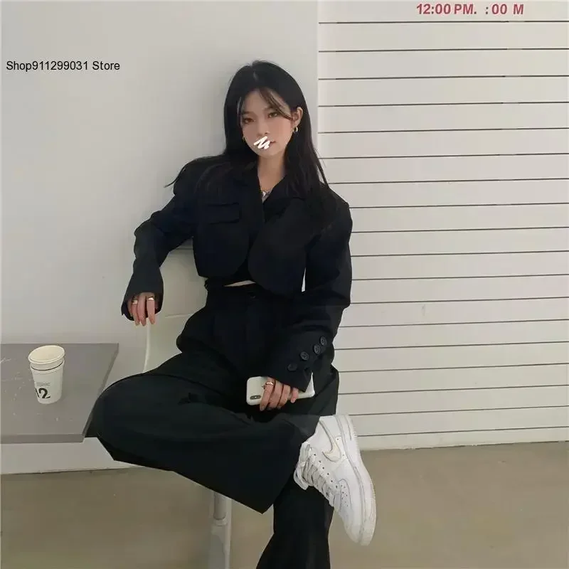 Women Sexy New Chic Crop Blazer Jacket &High Waist Trousers Suits Wide Leg Pants Outfit 2-Piece Set Fashion For Female Summer