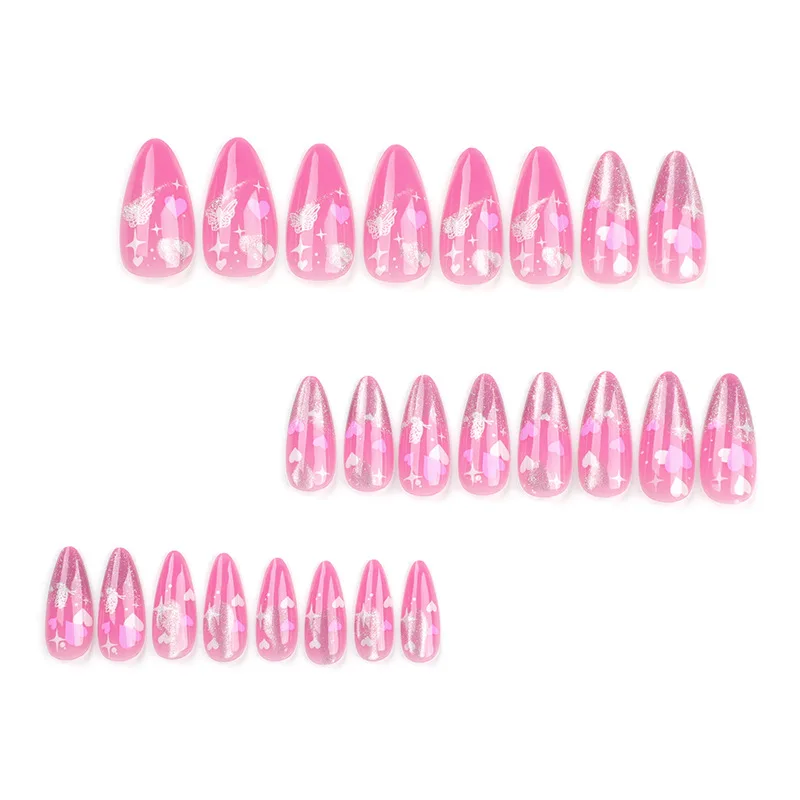 24 peças de imprensa longa de amêndoa em unhas-olho de gato magnético rosa com corações brancos e rosa, borboletas e estrelas brilhos estilo romântico